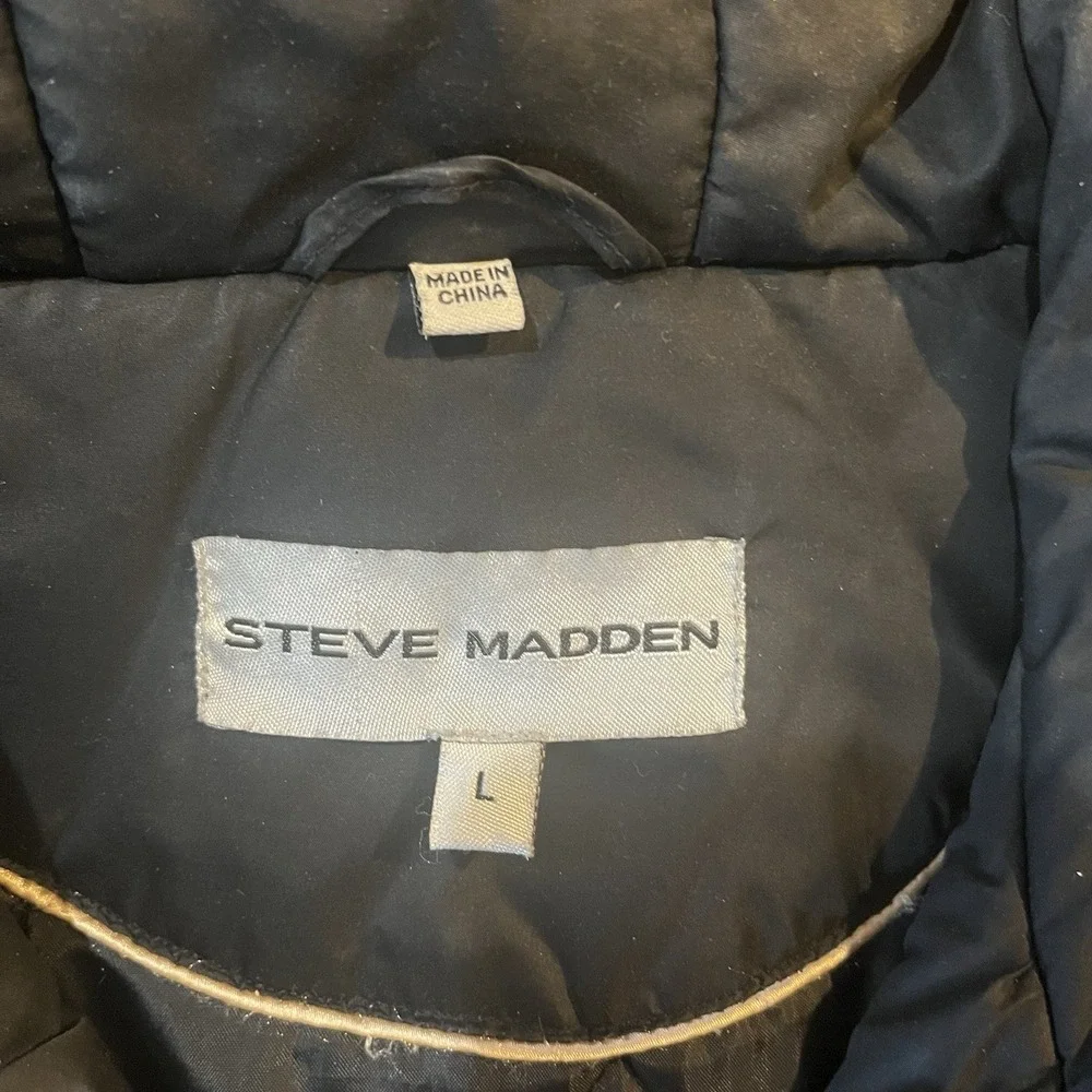 Steve Madden‎ Womens Black Hooded Puffer Parka Jacket Size L Utility Winter Coat